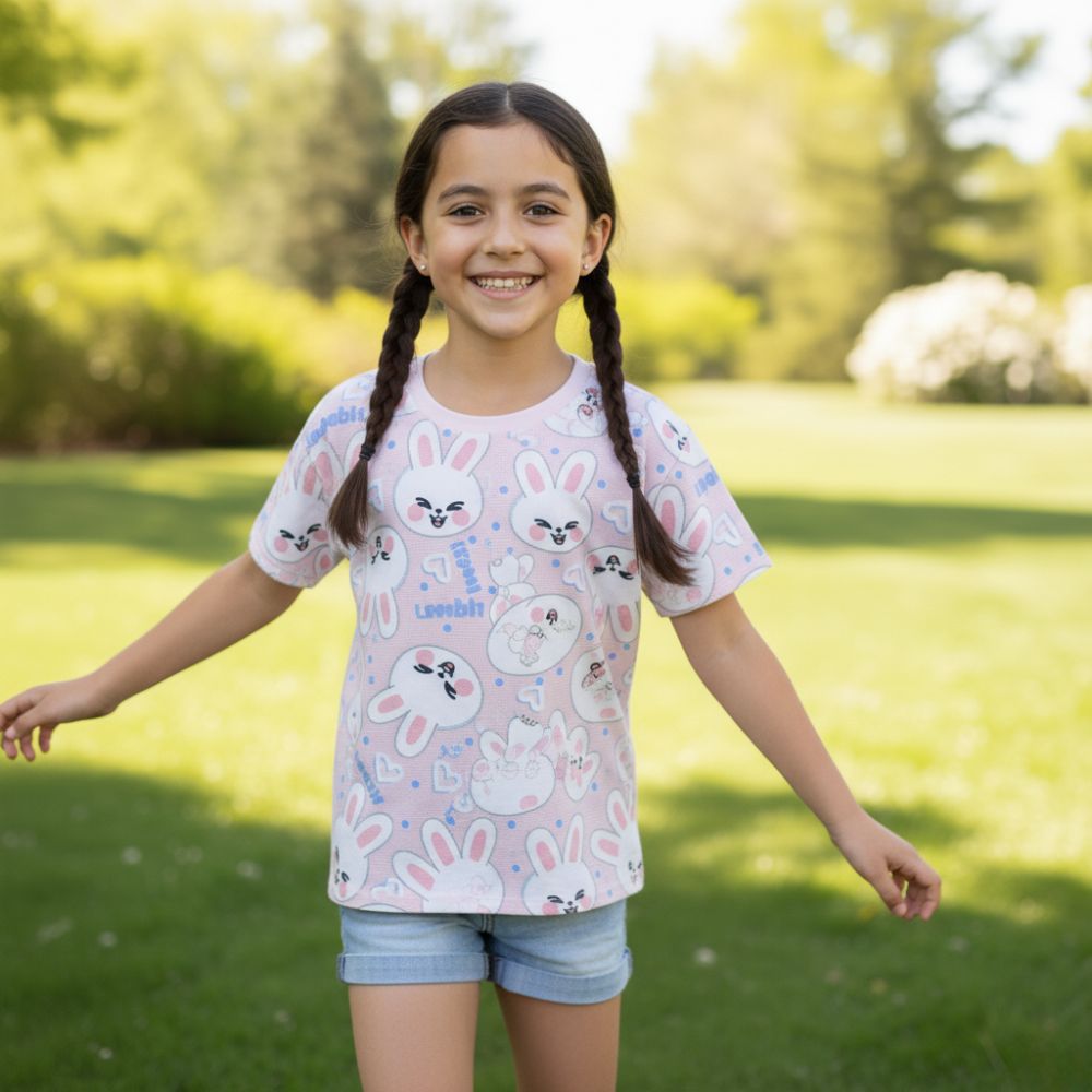 Petite fille portant un t-shirt rose pastel à motif lapin kawaii à l'effigie des Stray Kids, dans un parc