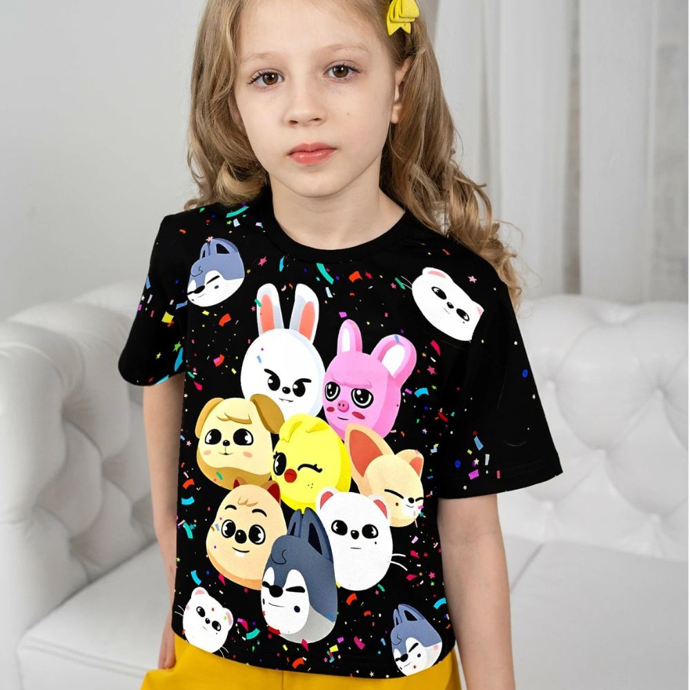 T-shirt Stray Kids noir pour enfant effigies kawaii – Image 5