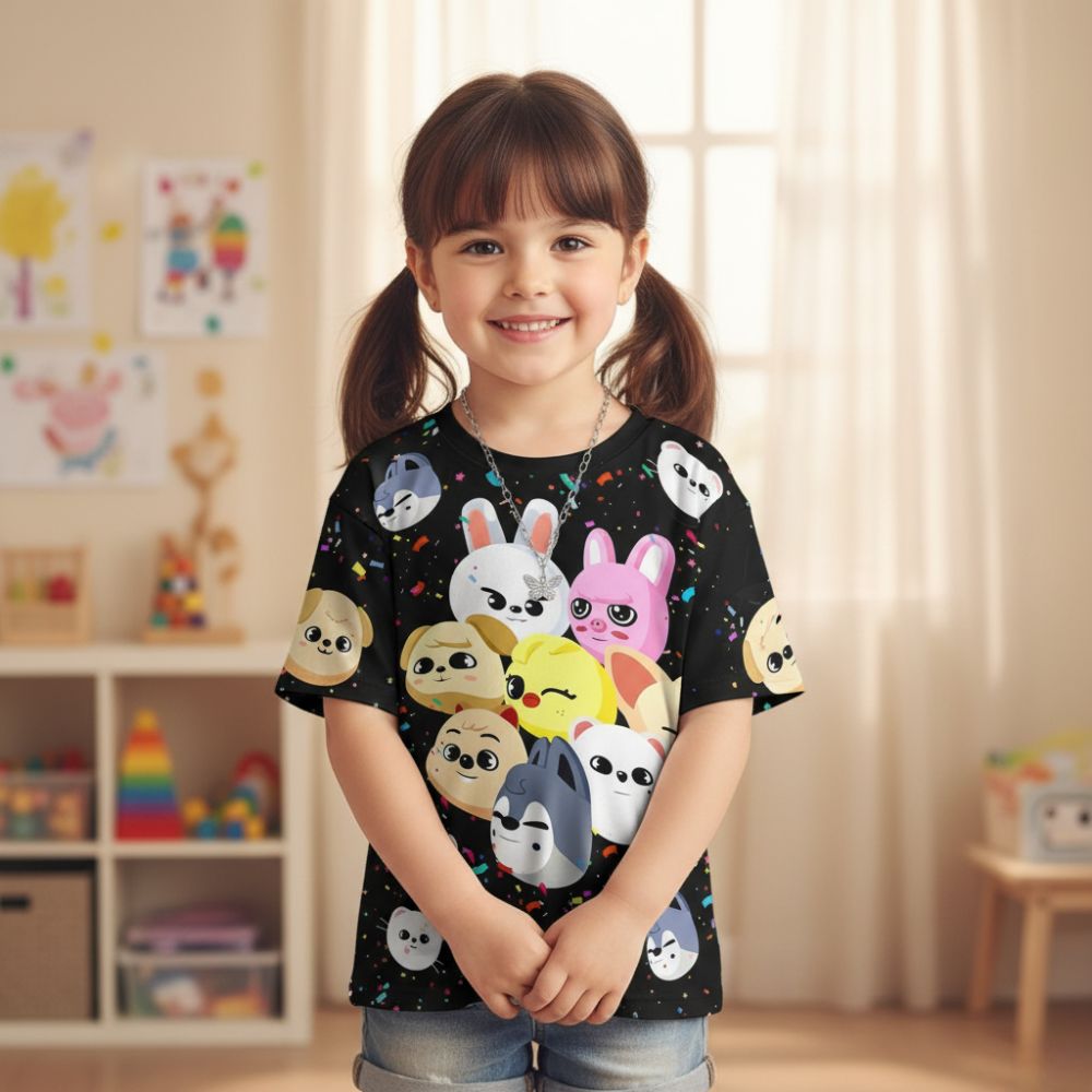 T-shirt Stray Kids noir pour enfant effigies kawaii – Image 2