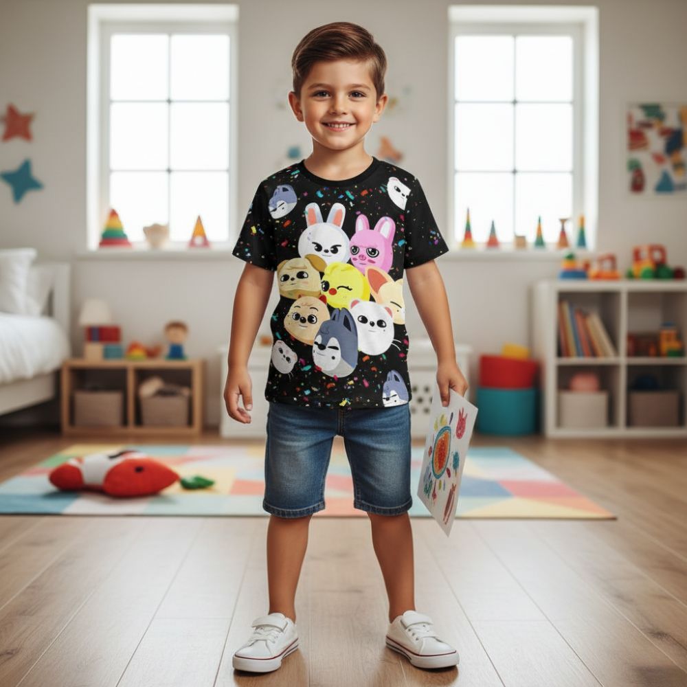 T-shirt Stray Kids noir pour enfant effigies kawaii – Image 3