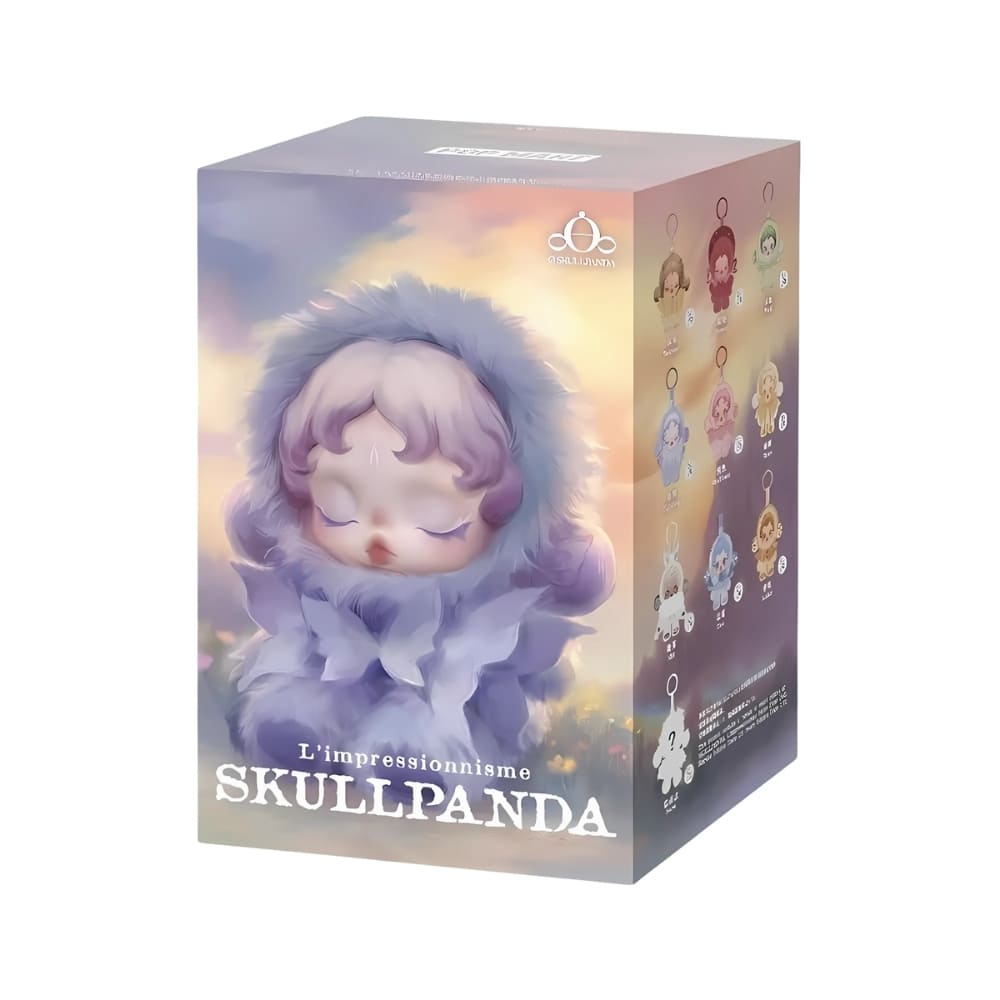 Blind box style Skullpanda thème floral sur fond blanc. Sur la boîte on y voit une peluche habillée d'un costume couleur lilas et aux yeux fermés.