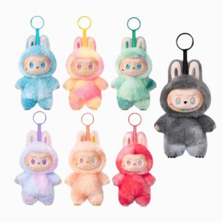 Peluches porte-clef kawaii style labubu dans plusieurs coloris sur fond blanc