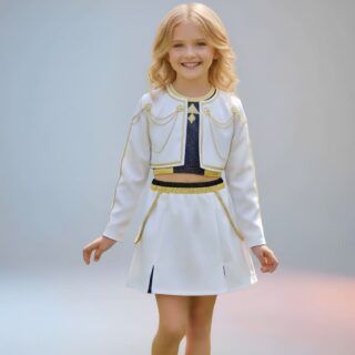 Costume de déguisement K-pop Demon Hunters Zoey porté par une fille blonde debout avec un fond gris clair. La tenue qu'elle porte est composée d'une jupe blanche avec des détails dorés, un top à sequins gris foncé et d'une veste blanche avec des détails dorés.