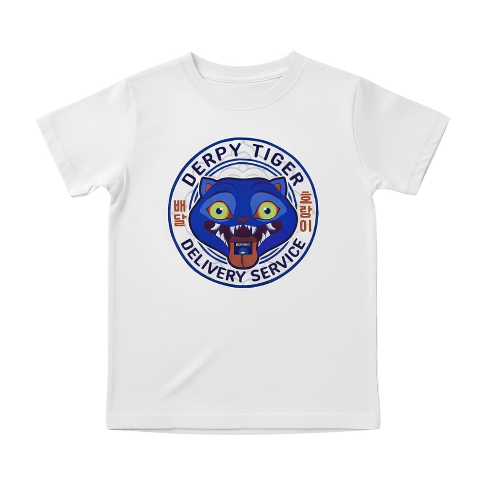 T-shirt enfant K-pop Demon Hunters blanc logo Derpy le tigre. Sur fond blanc.