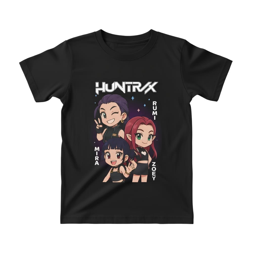 T-shirt enfant K-pop Demon Hunters noir motif personnages version cartoon sur fond blanc.