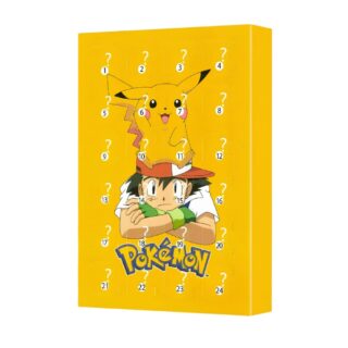 Calendrier de l'Avent figurines Pokemon de couleur jaune avec Sacha et Pikachu. Sur fond blanc.