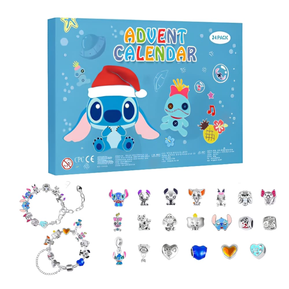 Calendrier de l'Avent Stitch avec bijoux style pandora. La boite du calendrier de couleur bleue avec Stitch portant un bonnet de Noël. En-dessous, deux bracelets style pandora avec à droite des charms. Sur fond blanc.