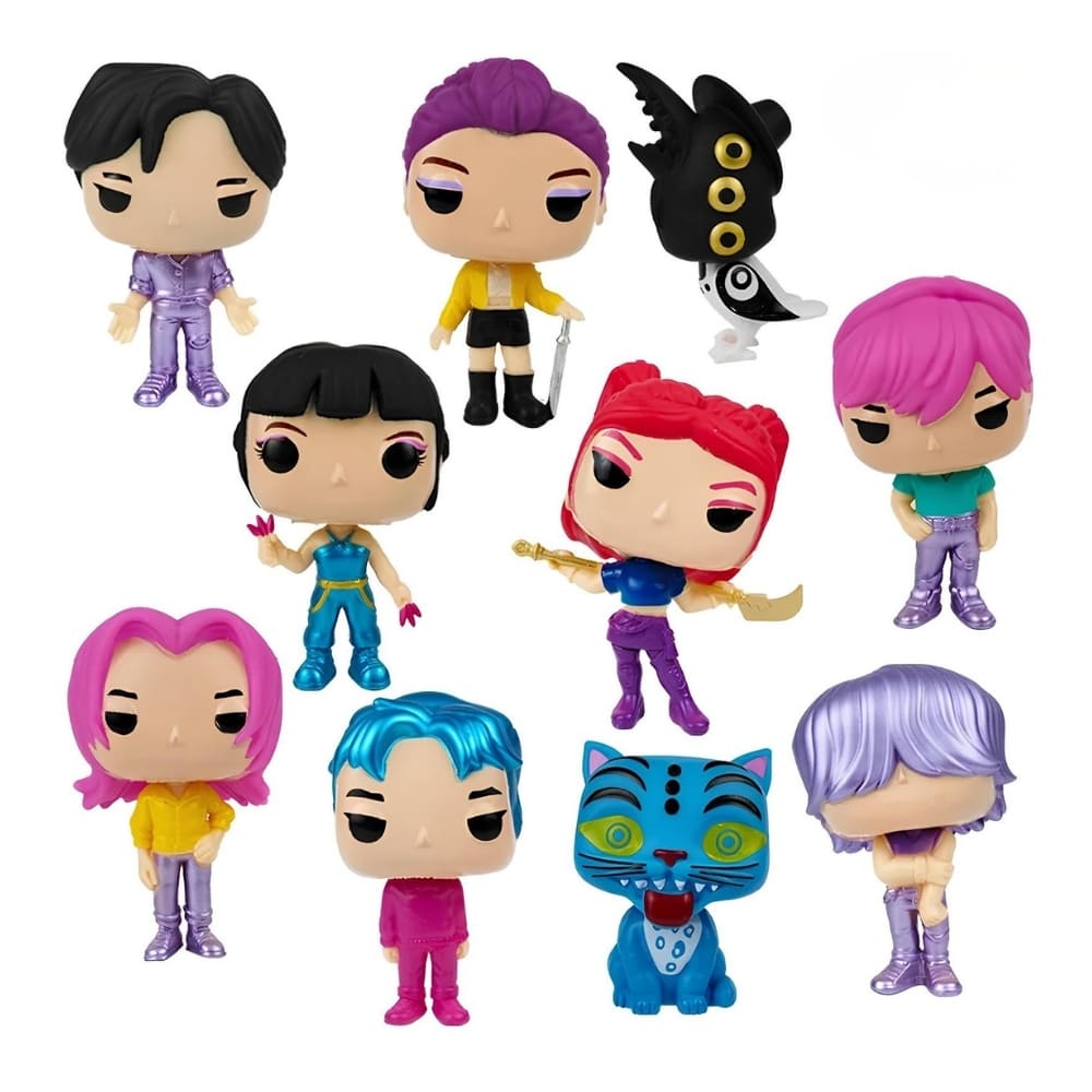 Figurines K-pop Demon Hunters style mini Pop, lot de 10 personnages du film sur fond blanc.
