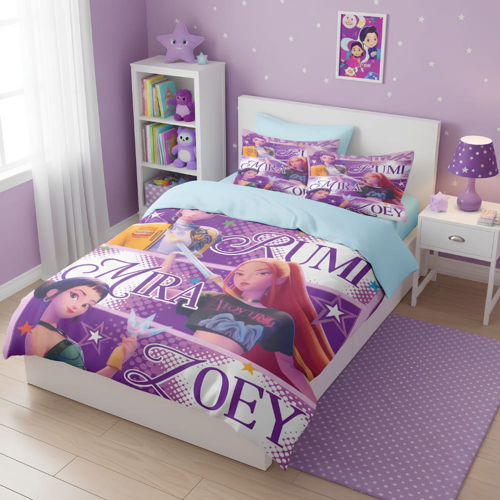 Parure de lit enfant K-pop Demon Hunters de couleur violette avec Zoey, Mira et Rumi. La housse de couette est assortie à deux coussins sur un lit blanc. Un petit meuble à gauche et une table de nuit à droite, le mur est couleur lilas ainsi que le tapis.