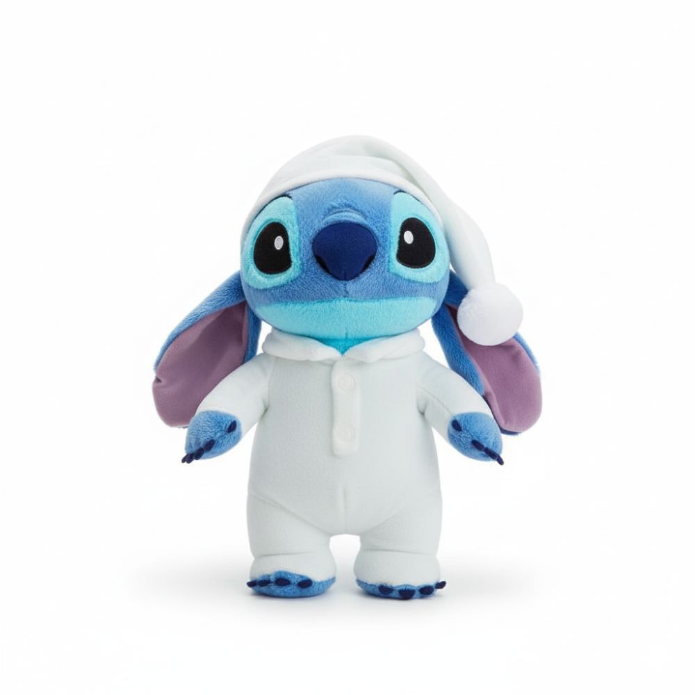 Peluche Stitch en pyjama sur fond blanc