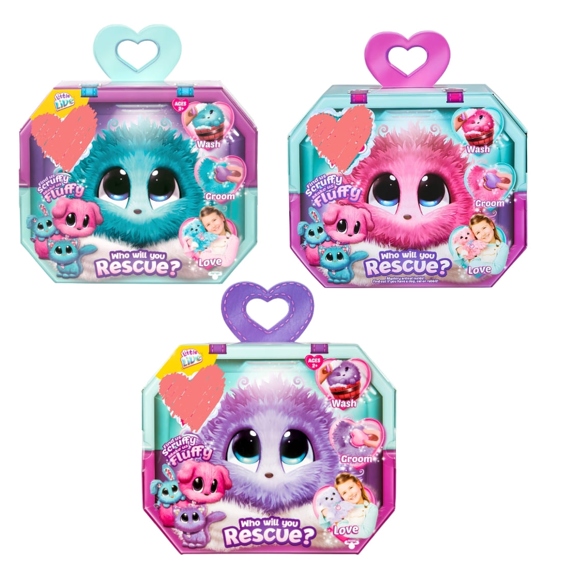 Peluche style Scruff A Luvs dans une boîte colorée sur fond blanc. Trois boîtes avec une peluche de couleur différente dans chaque boîte : bleu en haut à gauche, rose en haut à droite et violet en bas.
