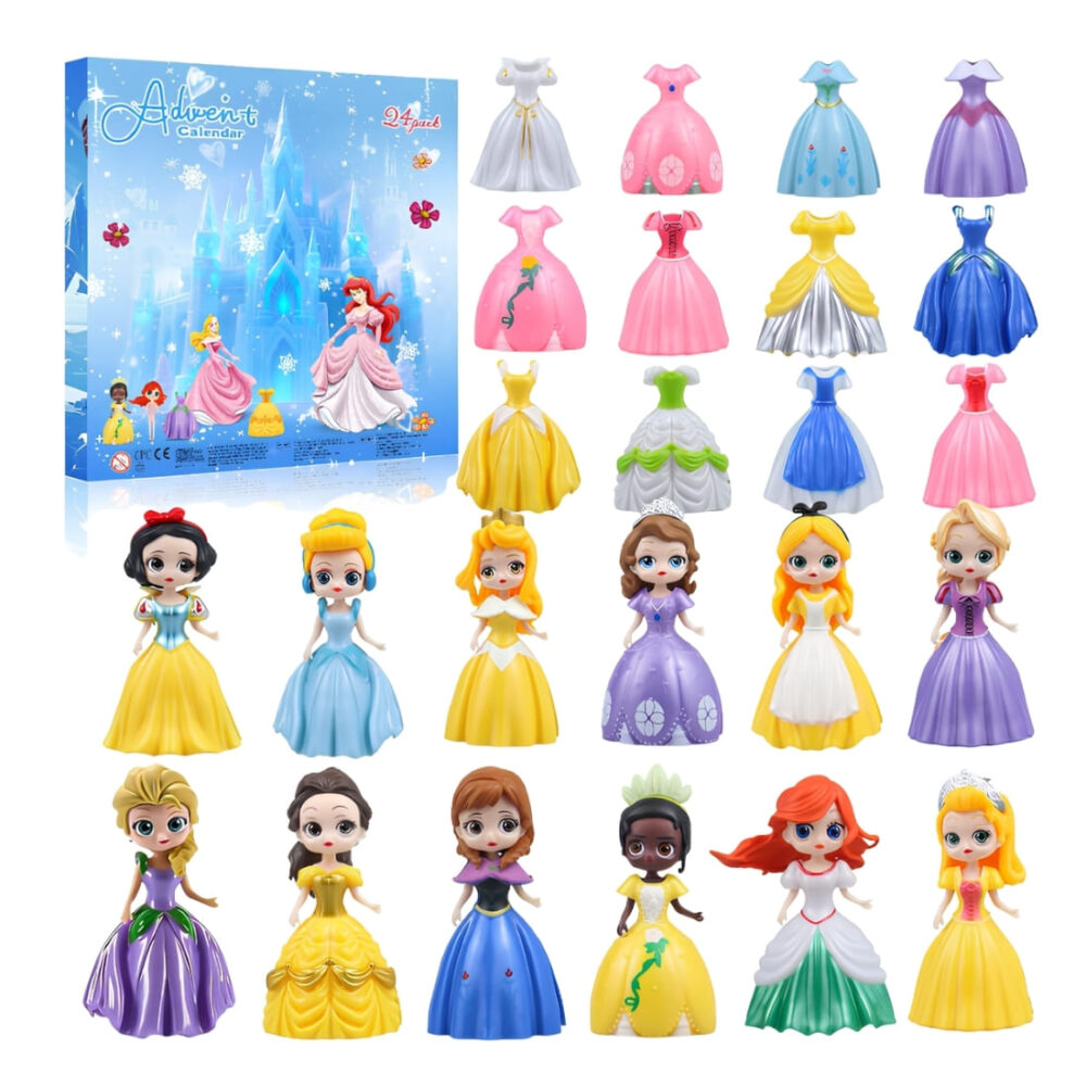 Calendrier de l'Avent figurines princesses à habiller sur fond blanc. La boite bleu en haut à gauche et les figurines avec les accessoires sur le reste de la photo.