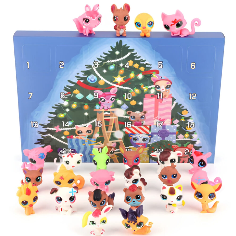 Calendrier de l'Avent figurines style Littlest PetShop sur fond blanc. La boite se trouve au centre et les figurines colorées devant et au-dessus.