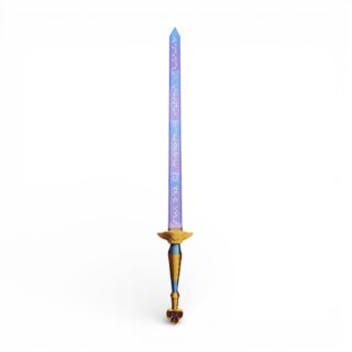 Épée télescopique Rumi Kpop Demon Hunters violette avec runes mystiques dorées et garde bleue sur fond neutre blanc.