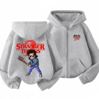 Sweat Stranger Things pour enfant gris à zipper et à capuche, sur fond blanc