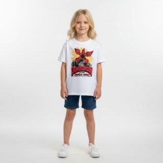 Petite fille portant un t-shirt Stranger Things blanc, sur fond gris