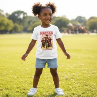 Petite fille portant un t-shirt blanc Stranger Things, dans un parc