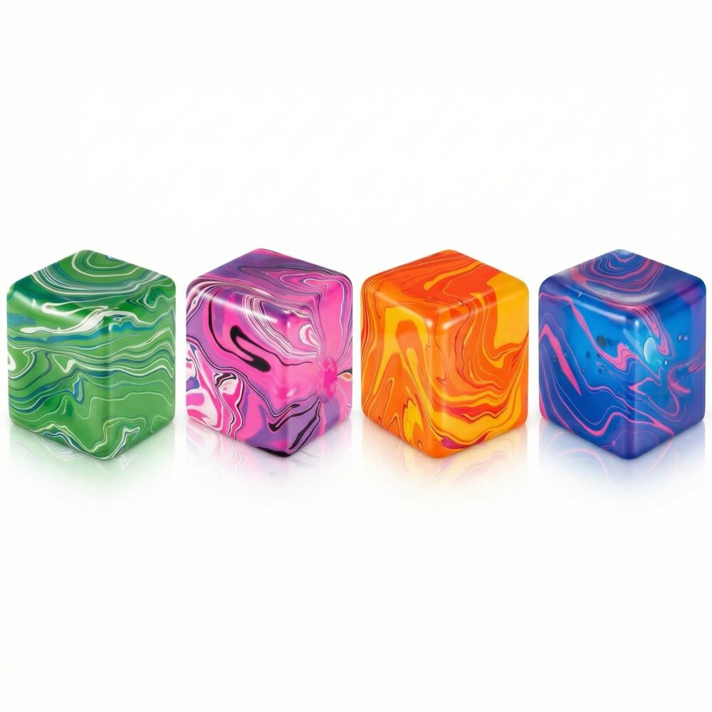 Quatre cubes anti-stress squishy aux motifs marbrés violet, orange, vert et bleu sur fond blanc, texture gel translucide effet tourbillon.