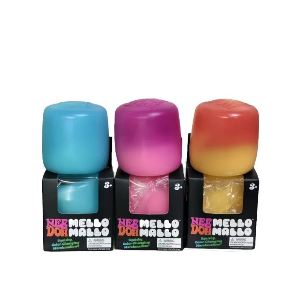 3 boites Needoh avec au-dessus de chacune trois squishy Needoh bleu, rose et orange
